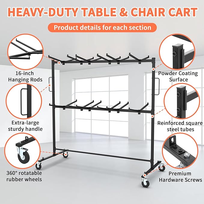 Folding Chair Rack for Storage, Folding Chair Cart 84 Chairs on Wheels Table - Image 4
