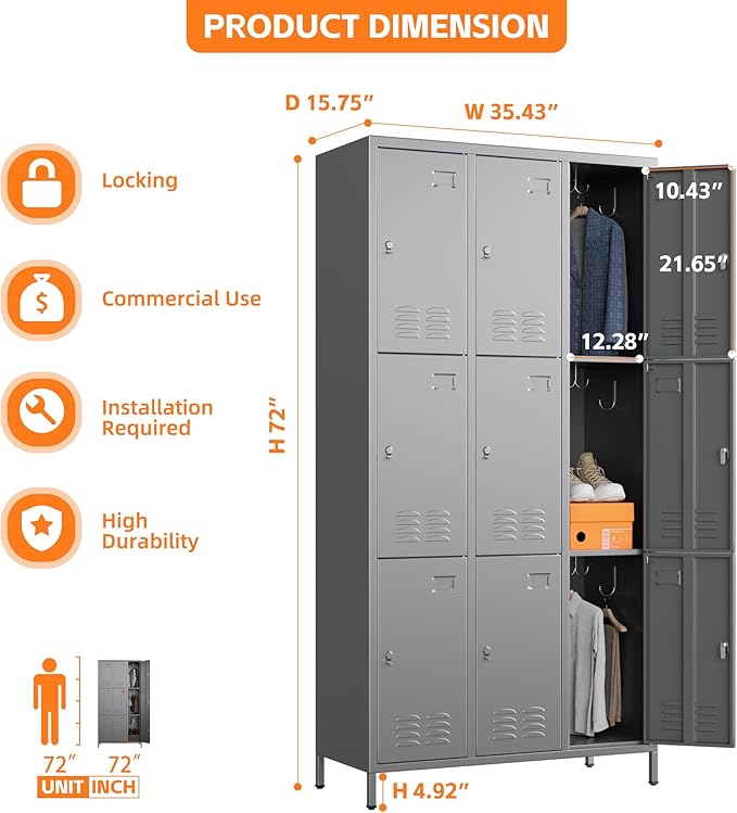 Employee Lockers with 27 Hooks, 9 Doors Metal Storage Locker with Card Holder - Image 3
