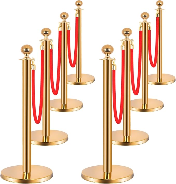 8PCS Stainless Steel Stanchions Post w/ 6 Red Velvet 5ft Carpet Ropes by Unknown