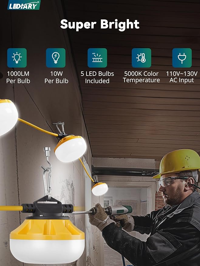 LEDIARY 50FT LED Construction String Lights, 50W 5000LM String Work Light - Image 2