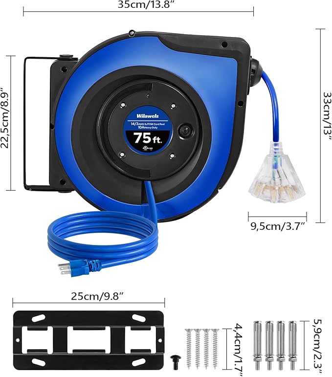 Retractable Cord Reel, 75 FT Heavy Duty Extension Cord, 14AWG/3C SJTOW - Image 7