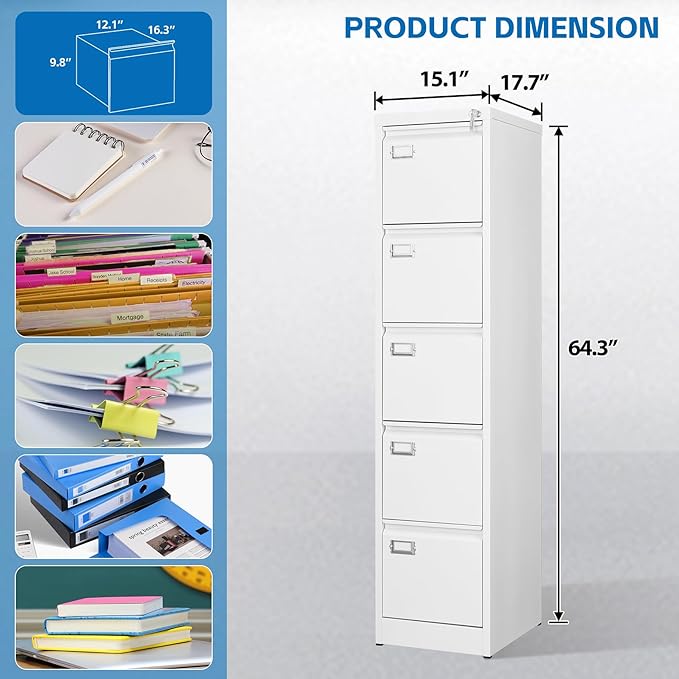 5 Drawer File Cabinet with Lock Metal Vertical File Cabinet Office Home - Image 3