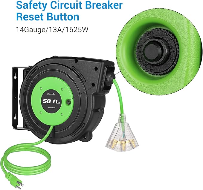 DEWENWILS Retractable Cord Reel, 50FT Extension Cord Reel, 14AWG/3C SJTOW - Image 6