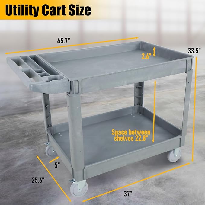 2 Tier Rolling Utility Cart on Wheels, 1000 lbs Capacity Plastic Service Cart - Image 3