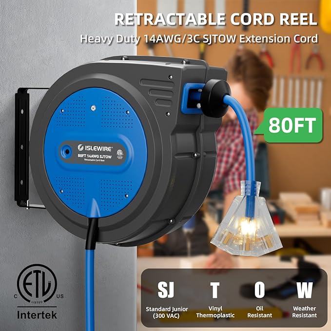 80FT Retractable Extension Cord Reel, 14 AWG/3C SJTOW Heavy Duty Power Cord - Image 2