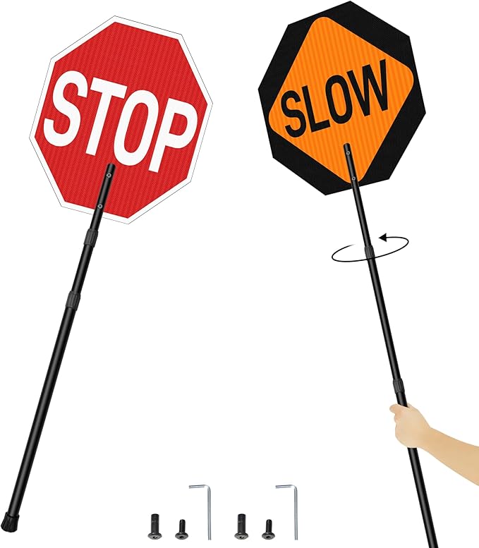 Stop Slow Sign with 66" Adjustable Handle, 18x18 Inch Double Sided Reflective by KERTY
