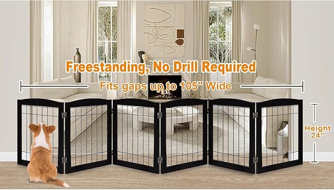 LZRS 6-Panel Extra Wide Wooden Freestanding Dog Gate: Foldable Solid Wood and - Image 2