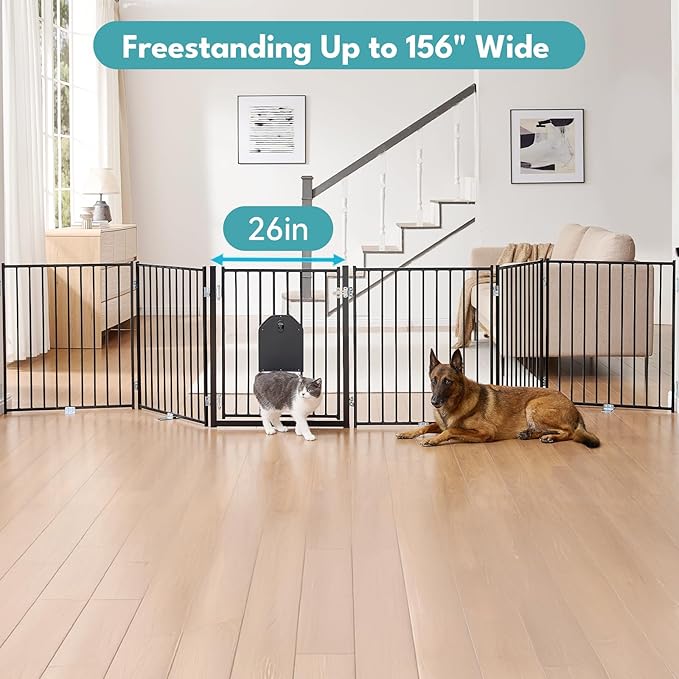 No Pawblems Dog Gate with Cat Door, Free Standing 30'' Tall Foldable Dog Fence - Image 4