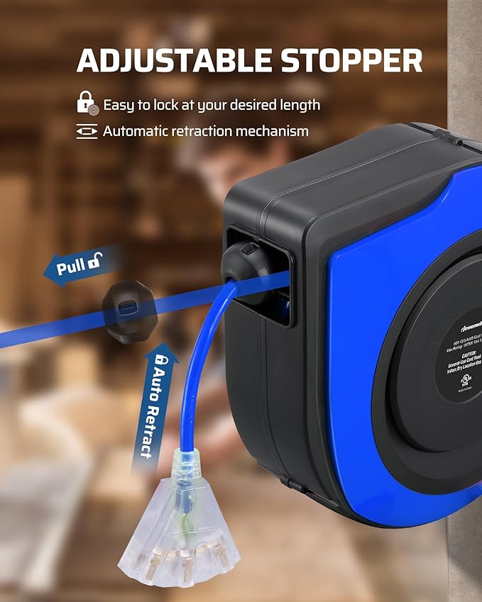 DEWENWILS Retractable Cord Reel, 60FT Heavy Duty Extension Cord, 12AWG/3C SJTOW - Image 3