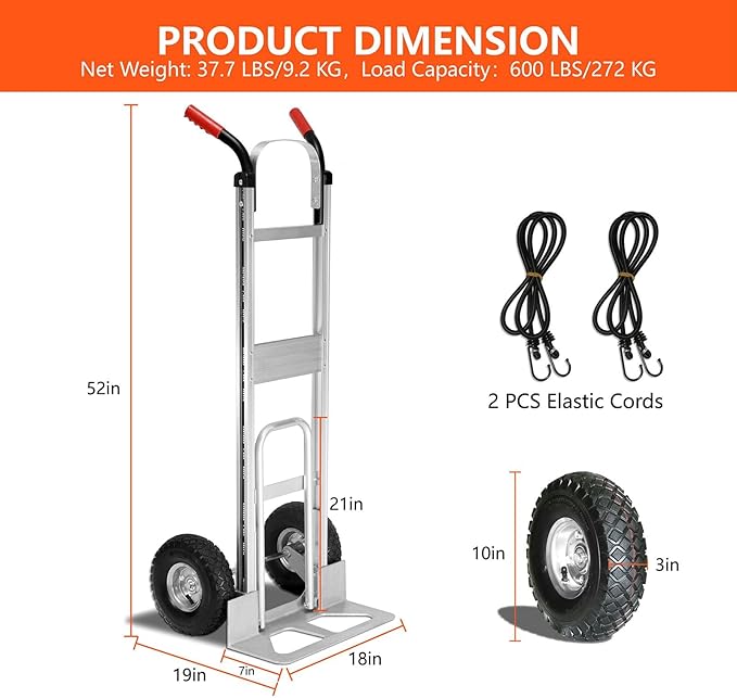 Aluminum Hand Truck 600 LBS Capacity, Handle Heavy Duty Industrial Dolly - Image 2