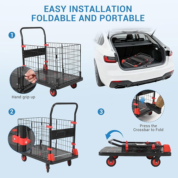 Platform Truck Cart with Cage, 35 * 23 * 20 in 1000LBS Capacity Folding Cart - Image 7
