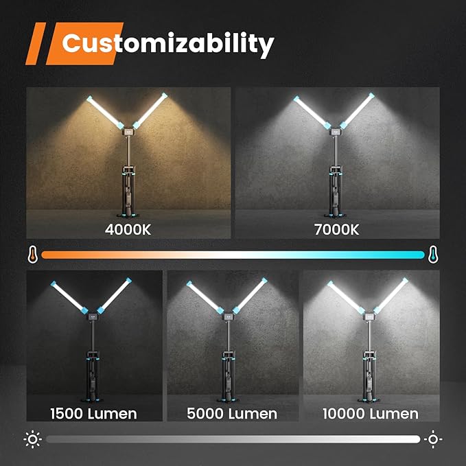 10000 Lumen Work Light with Stand, GoGonova 87'' Rechargeable Dual Power Source - Image 4