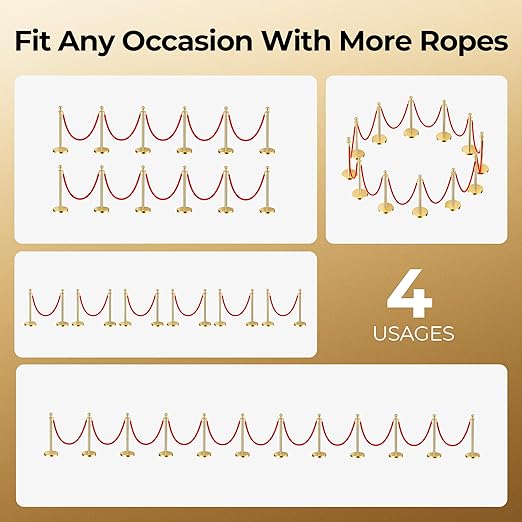 12pcs Sturdy Gold Stanchion Posts and 12pcs High Quality Red Carpet Velvet Ropes - Image 2