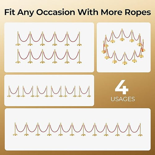 12pcs Sturdy Gold Stanchion Posts and 12pcs High Quality Red Carpet Velvet Ropes - Image 2