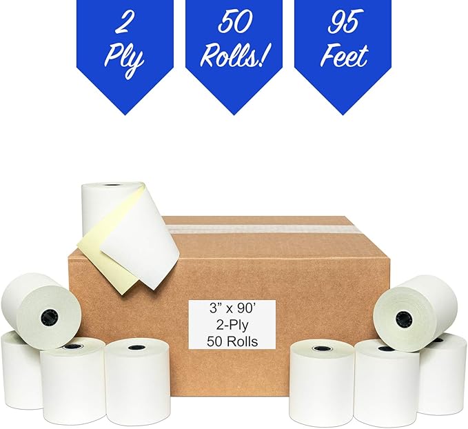 50 Rolls 3" x 95' 2-Ply Carbonless White/Canary Cash Register Paper - Image 5