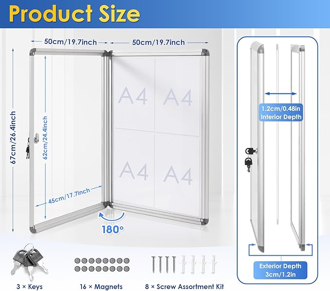 SWANCROWN Enclosed Bulletin Board Magnetic Dry Erase Noticeboard Lockable - Image 2