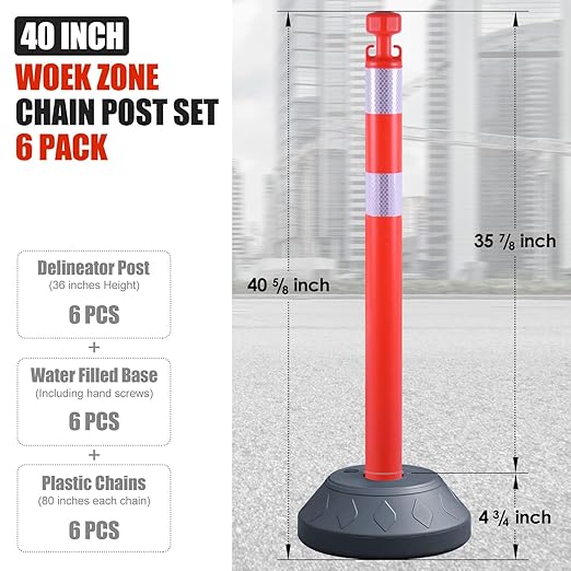 6 Pack 40" inch Work Zone Chain Post Set, Traffic Delineator Post Cones - Image 2