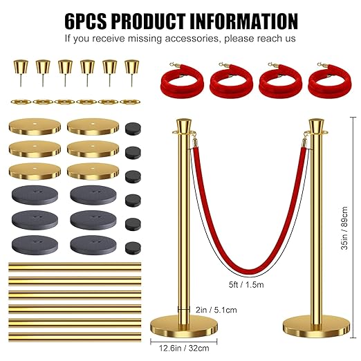 kaiyomi 6Pcs Stanchions with Red Velvet Ropes Set, 5 Feet Velvet Ropes and - Image 2