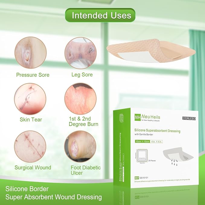 NeuHeils Silicone Super Absorbent Wound Dressing 4''x4'' 20 Packs, - Image 2