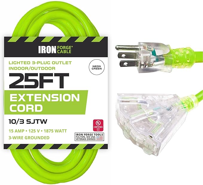 Iron Forge Cable 3 Outlet 10 Gauge Extension Cord 25 ft, 10/3 Heavy Duty by IronForgeCable