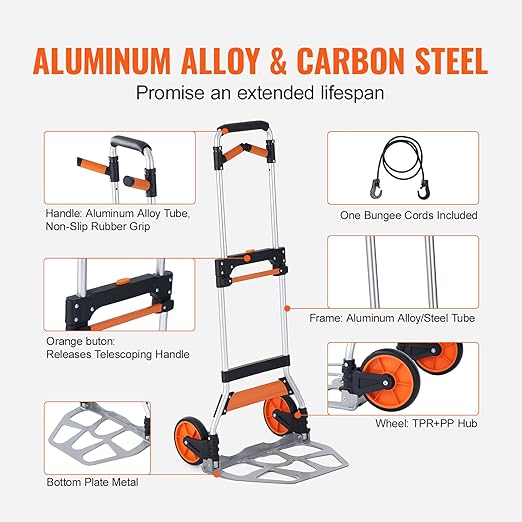 VEVOR Folding Hand Truck and Dolly, 309 Lbs Capacity, Aluminum Foldable Cart - Image 5