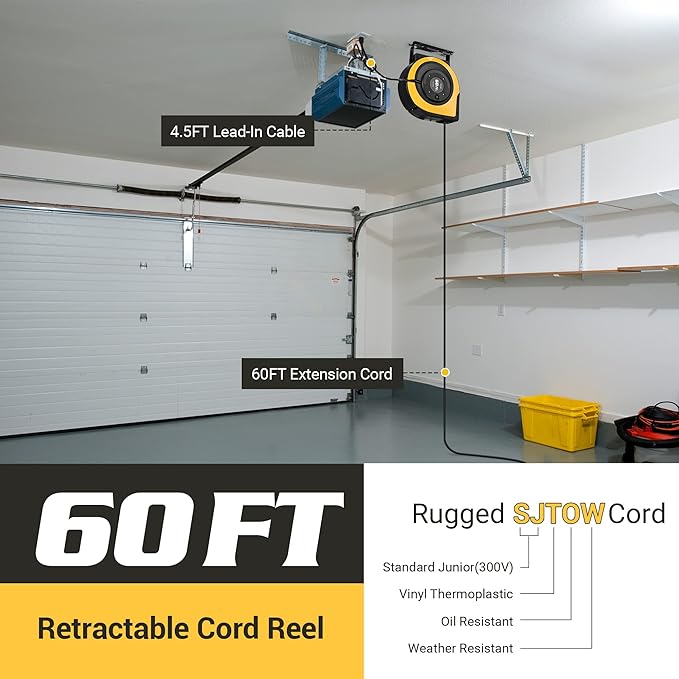 DEWENWILS Retractable Cord Reel, 60 FT Heavy Duty Extension Cord, 12AWG/3C SJTOW - Image 3