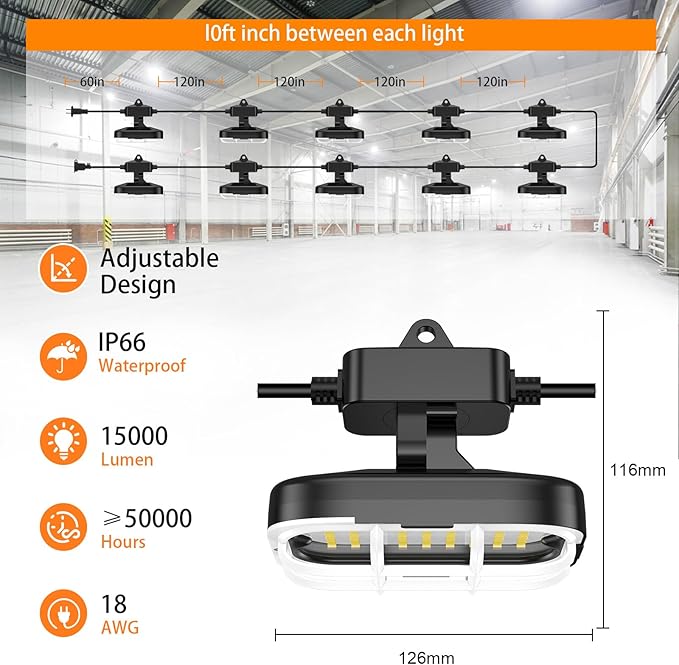 100ft LED Construction String Lights, Super Bright 15000lm 150w Adjuest 90&180 - Image 2