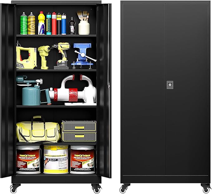 Metal Storage Cabinet with Wheels, Tall Garage Storage Cabinet with 4 - Image 7