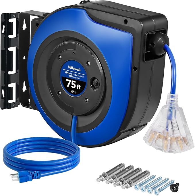 Retractable Cord Reel, 75 FT Heavy Duty Extension Cord, 14AWG/3C SJTOW by Wilawels
