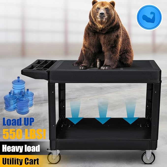 2 Tier Rolling Utility Cart on Wheels, 1000 lbs Capacity Flat Top Plastic - Image 6