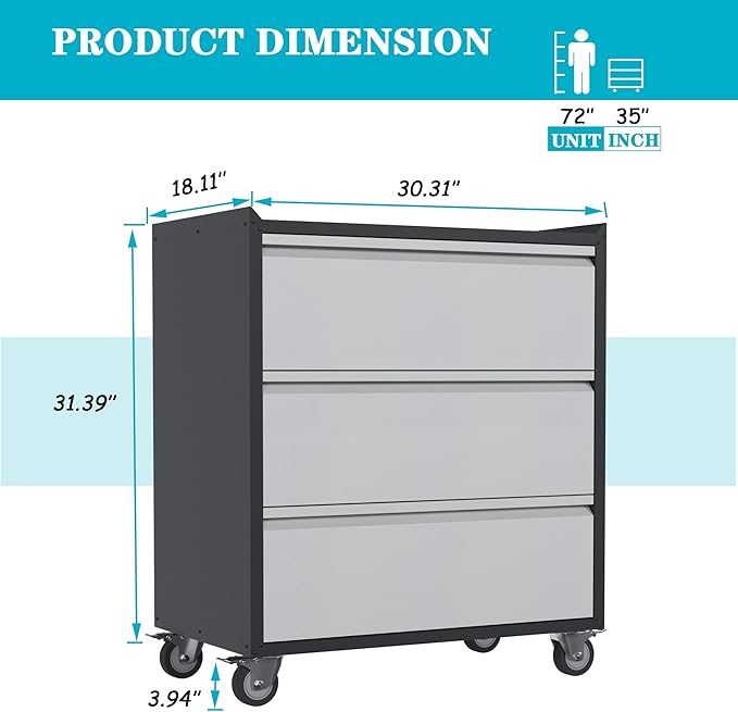 3 Drawer Rolling Garage Storage Cabinet, Small Metal Tool Cabinet - Image 3