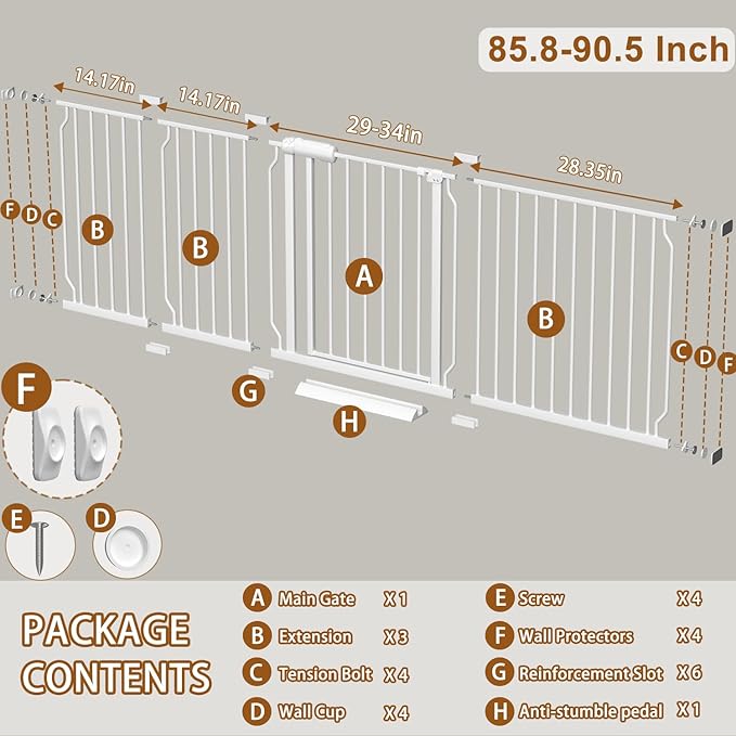 Baby Gate for Doorways Stairs Hallway 85.8-90.5 Inch Wide, Walk Through Child - Image 2