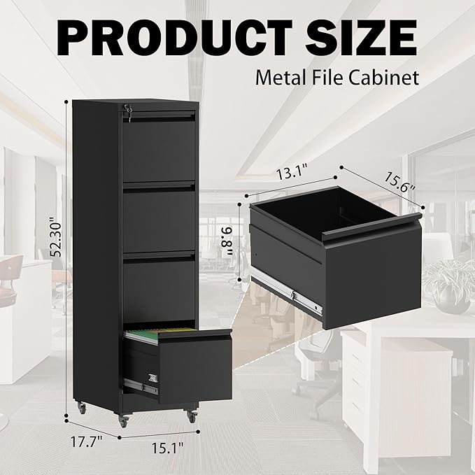 File Cabinet with Lock, 4 Drawers Filing Cabient with Wheel, Steel Vertical - Image 3