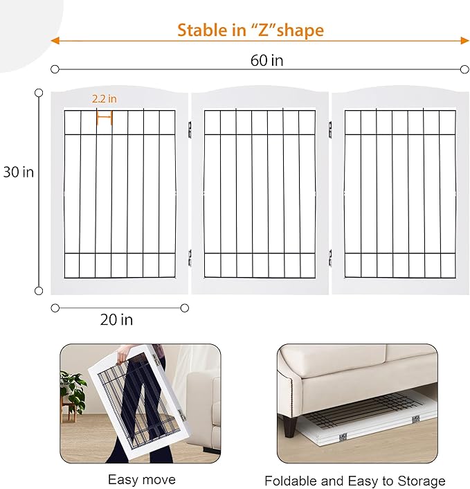 LZRS 3-Panel Freestanding Adjustable Wooden Dog Gate—30" Tall Foldable Pet - Image 5