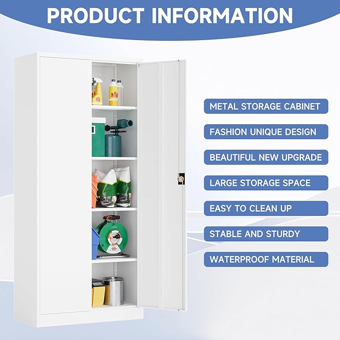 Metal Storage Cabinet with Lock, Lockable Garage Cabinet with 2 Doors and 5 - Image 7