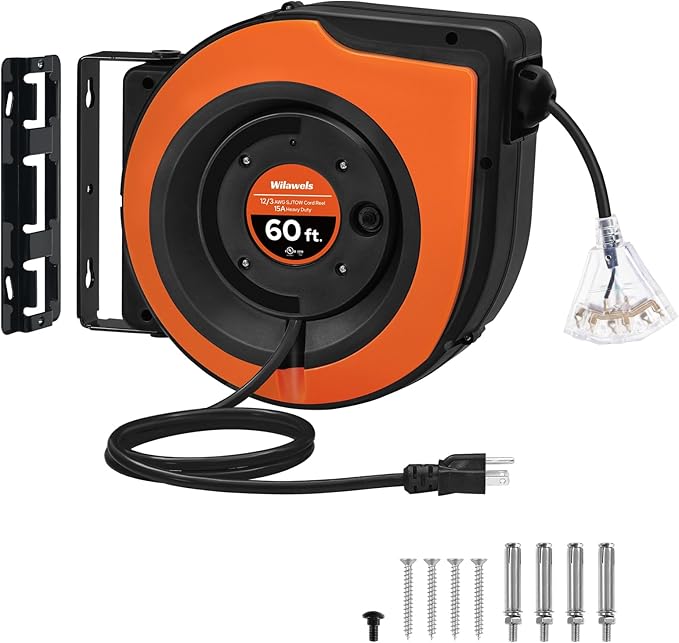 Retractable Cord Reel, 60 FT Heavy Duty Extension Cord, 12AWG/3C SJTOW by Wilawels