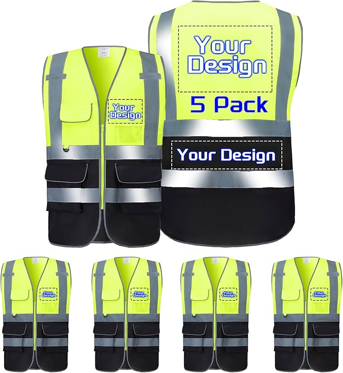 Custom Safety Vest with Logo Pockets High Visibility Reflective Vests by CustomTok