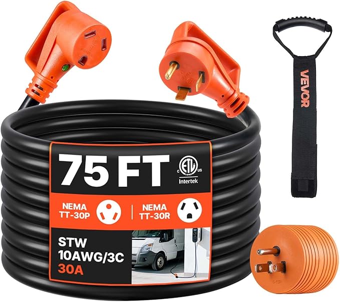 VEVOR 75 FT RV Extension Cord, 30 Amp, 125V 2500W Heavy Duty STW 10/3 Gauge Wire by VEVOR
