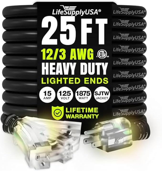 25ft Outdoor/Indoor Extension Cord 3-Outlet 12/3 Gauge Extra Heavy Duty ETL by LifeSupplyUSA