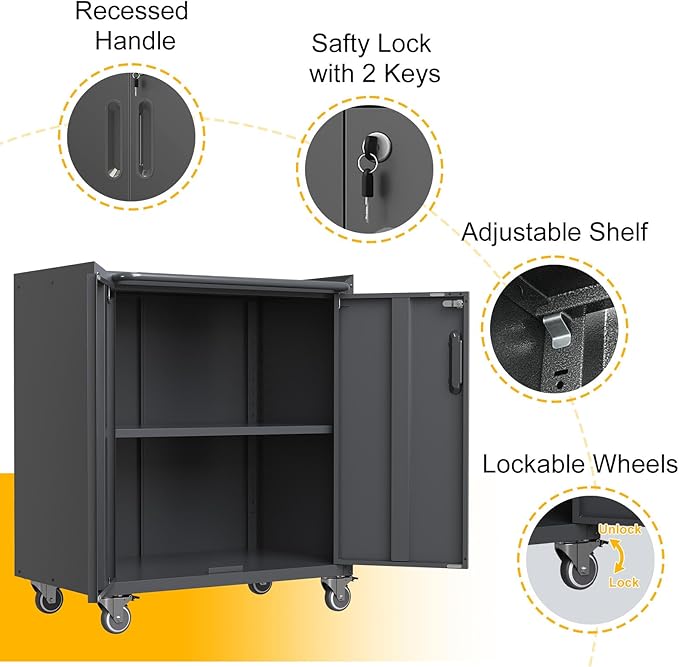 Metal Storage Cabinet with Wheels, Lockable Rolling Tool Chest with Adjustable - Image 4