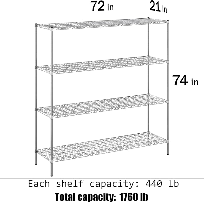 21" Deep x 72" Wide x 74" Height Wire Shelving Kit | 4-Tier | NSF Commercial - Image 3