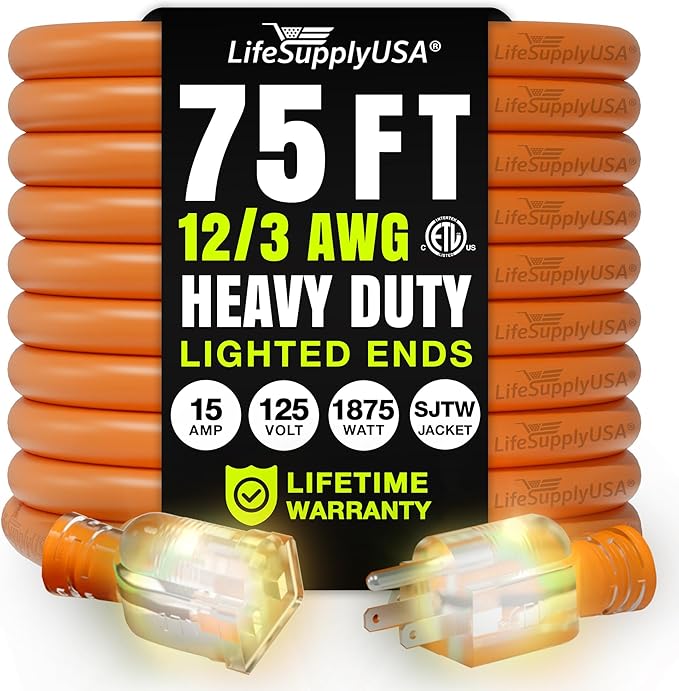 75ft Outdoor/Indoor Extension Cord 12/3 Gauge Extra Heavy Duty 3 Prong SJTW by LifeSupplyUSA