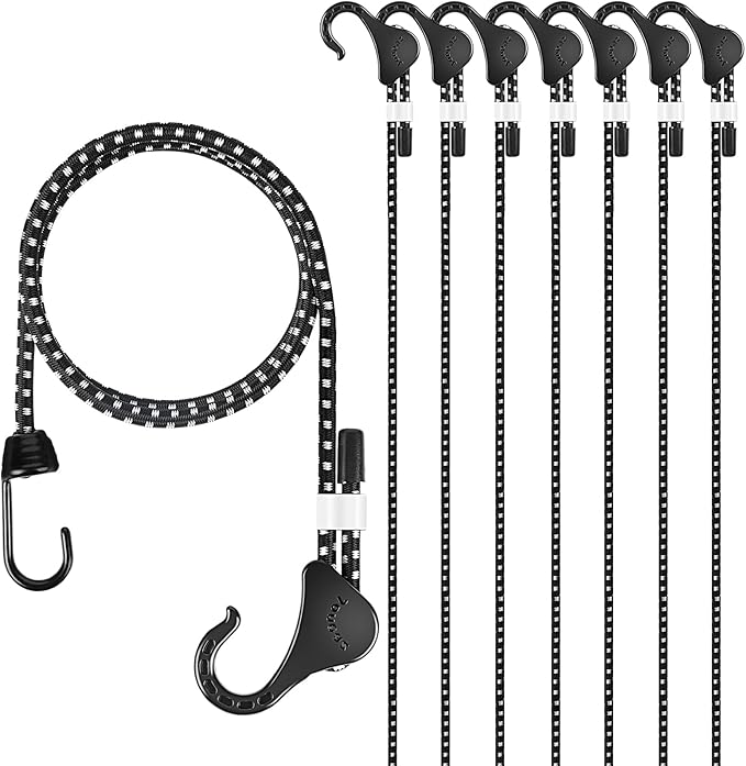 Adjustable Bungee Cords with Hooks 48 in, 8 Pack, Heavy Duty, Natural Rubber by Joneaz