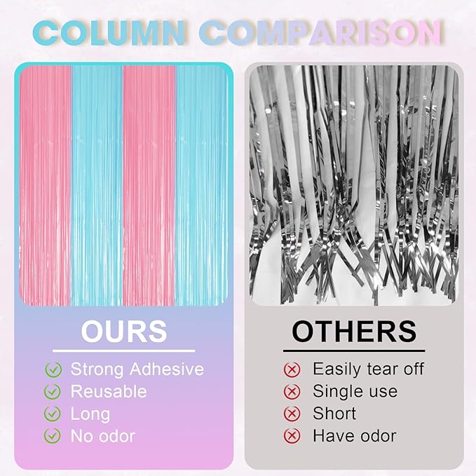 3 Pack 3.3 x 8.2 ft Pastel Blue and Pink Foil Fringe Backdrop Curtains - Image 3