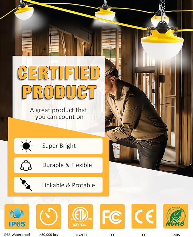 50FT Construction String Light 65W 8000Lm, 5000K Industrial Grade LED String - Image 5