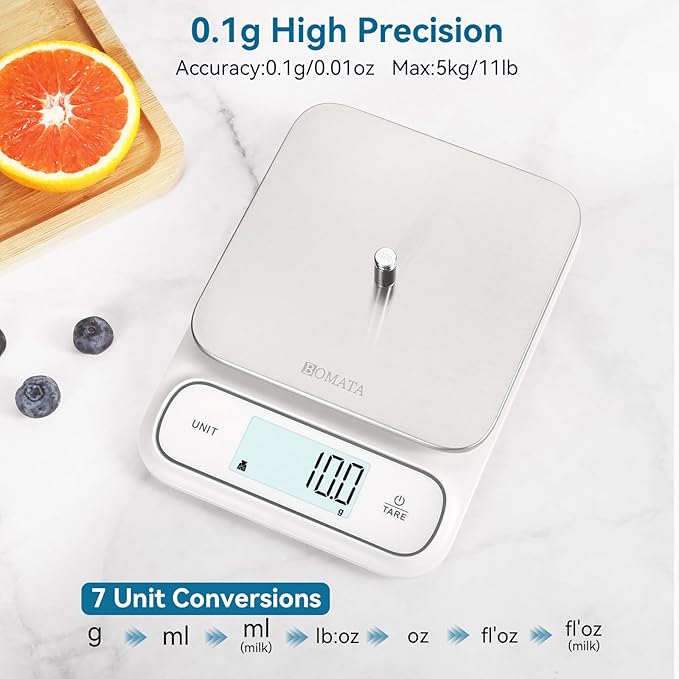 BOMATA Waterproof IPX6 Kitchen Scale, 0.1 g/0.01 oz High Precision, 5 kg/11 lbs - Image 2