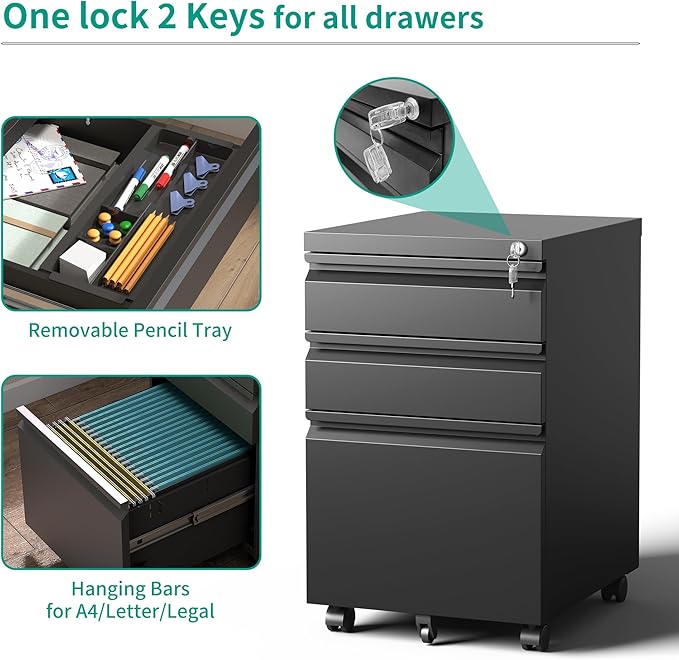 3-Drawer Mobile File Cabinet - Image 5