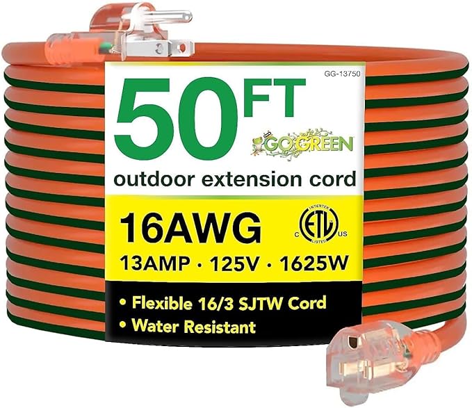 Go Green Power Inc. 16/3 50-Foot Outdoor Extension Cord by PowerByGoGreen