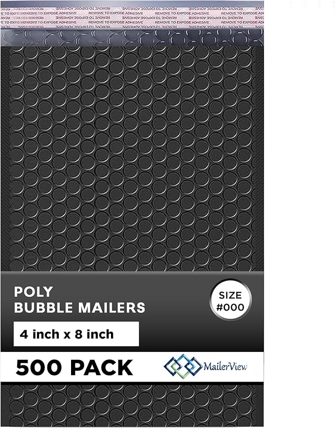 Black Small Bubble Mailers 4x8 Inch #000 | Thick Padded Poly Bubble Mailer by MAILERVIEW