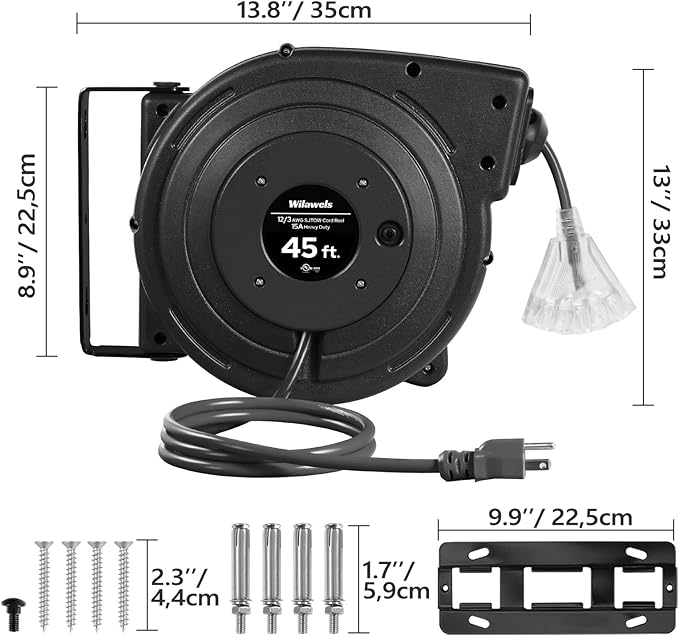 WILAWELS12 Gauge Retractable Extension Cord Reel, 45 FT 12AWG/3C SJTOW Heavy - Image 8